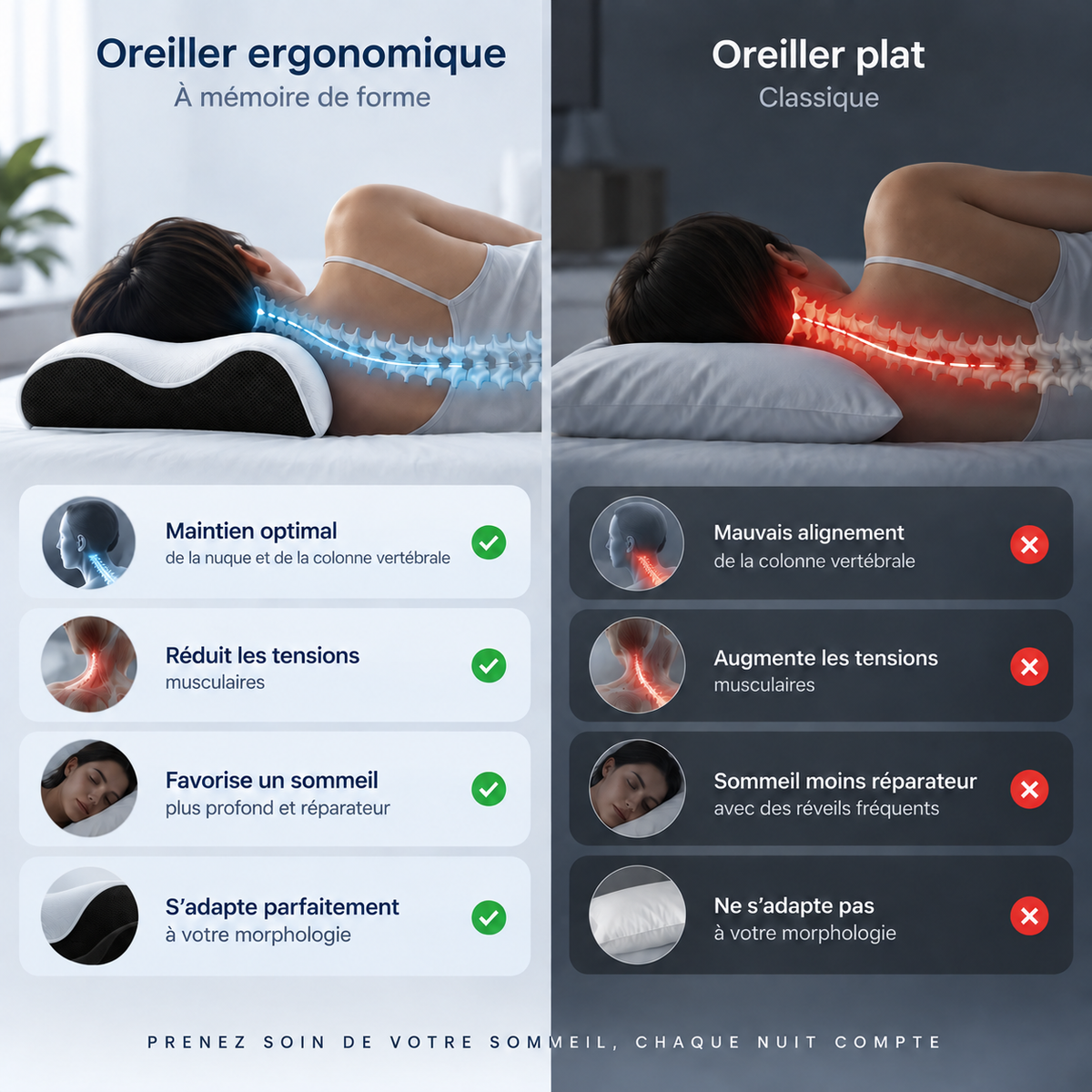 Oreiller Ergonomique Cervical à Mémoire de Forme