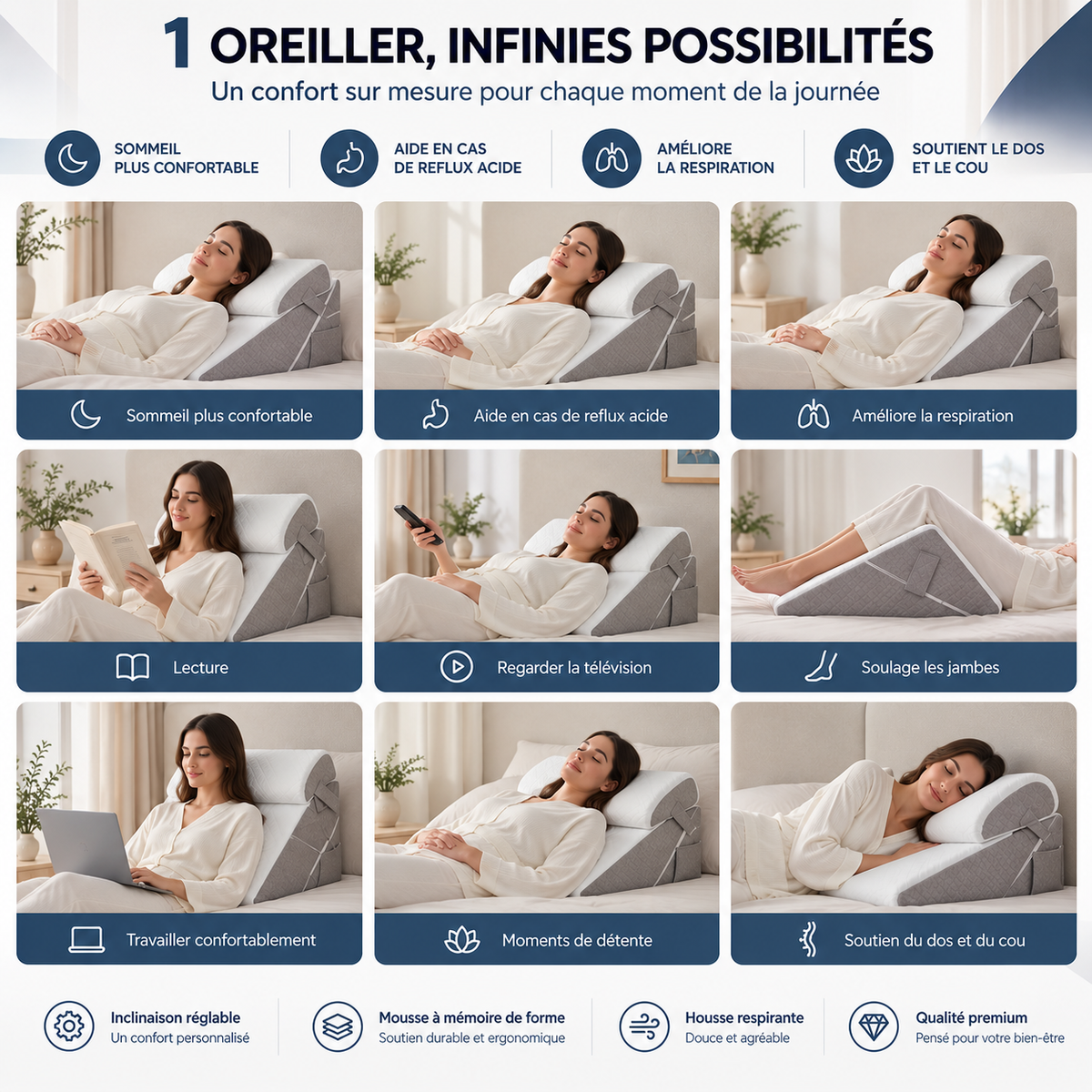 Oreiller Incliné Premium Ergonomique à Mémoire de Forme
