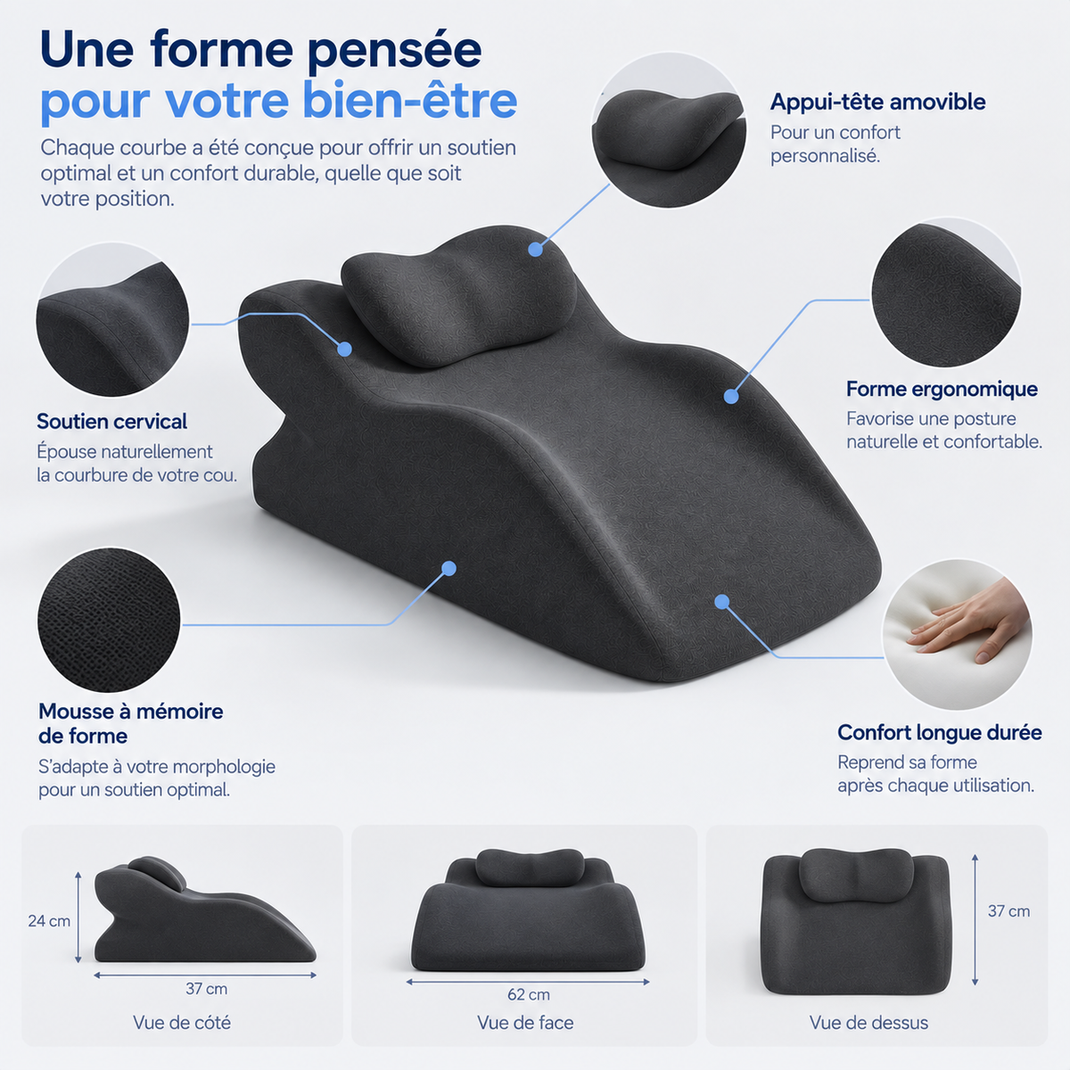 Oreiller Incliné Ergonomique à Mémoire de Forme